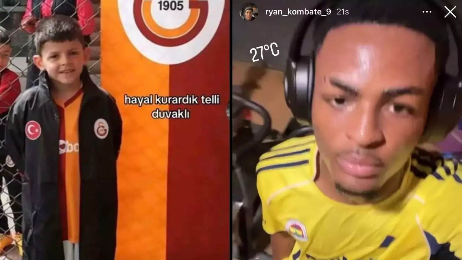 Galatasaray formasıyla paylaşım yapan Egehan Şensoy ve Fenerbahçe formalı paylaşım yapan Ryan Kombate