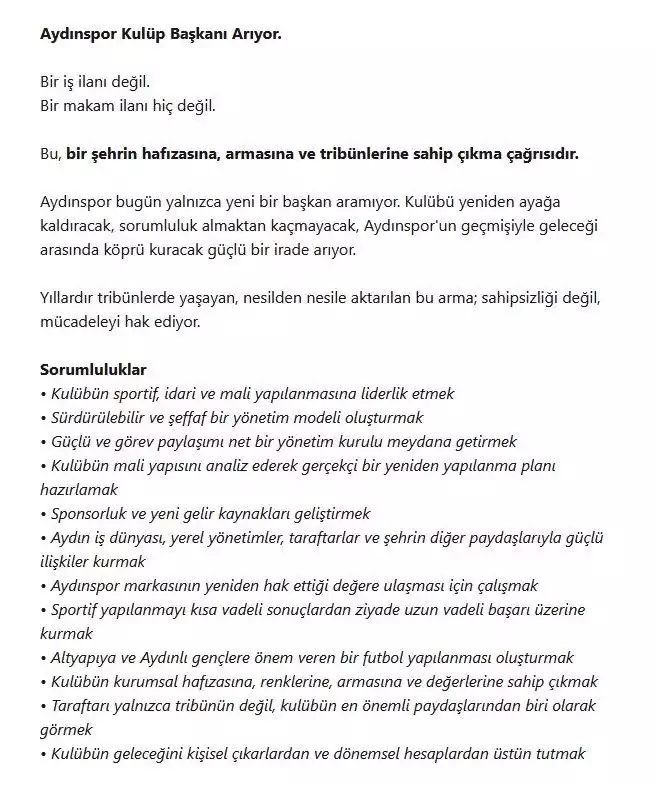 Aydınspor kulüp başkanı ilanı